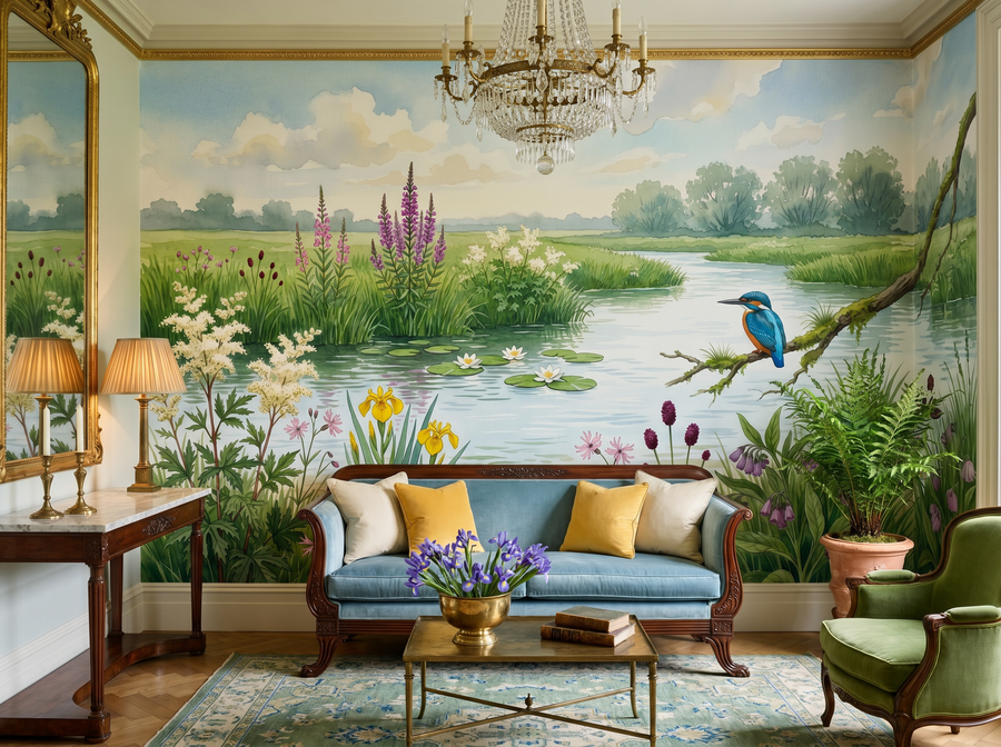 River Meadow scenic wallpaper mural on the feature wall of an English-country bathroom, in a warm orange palette — The Wall Shawl.