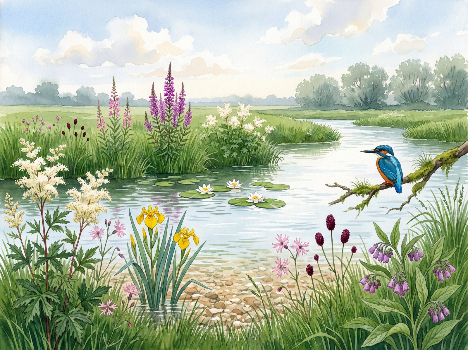 Scenic mural wallpaper featuring a lush English water meadow with Meadowsweet Cream, Loosestrife Purple, and Iris Gold. Made to order.