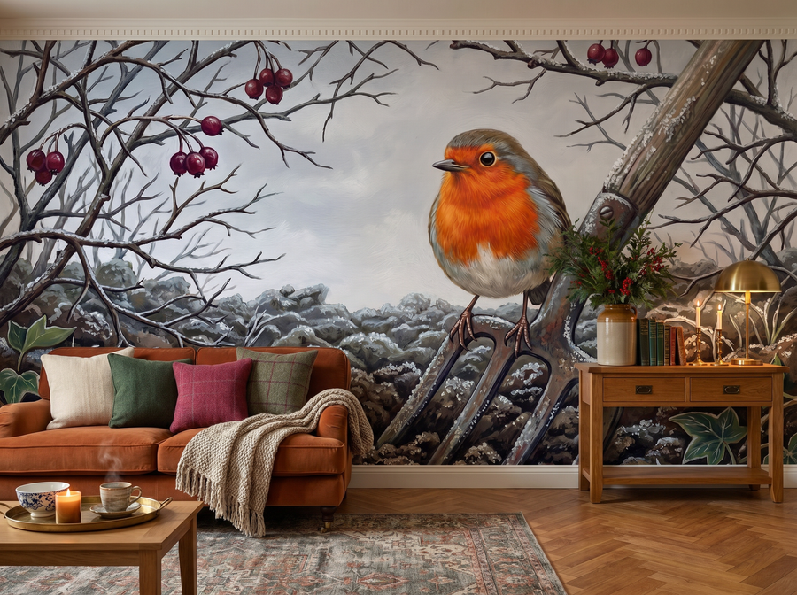 Robin Redbreast scenic wallpaper mural on the feature wall of an English-country study, in a moody black-and-charcoal palette — The Wall Shawl.