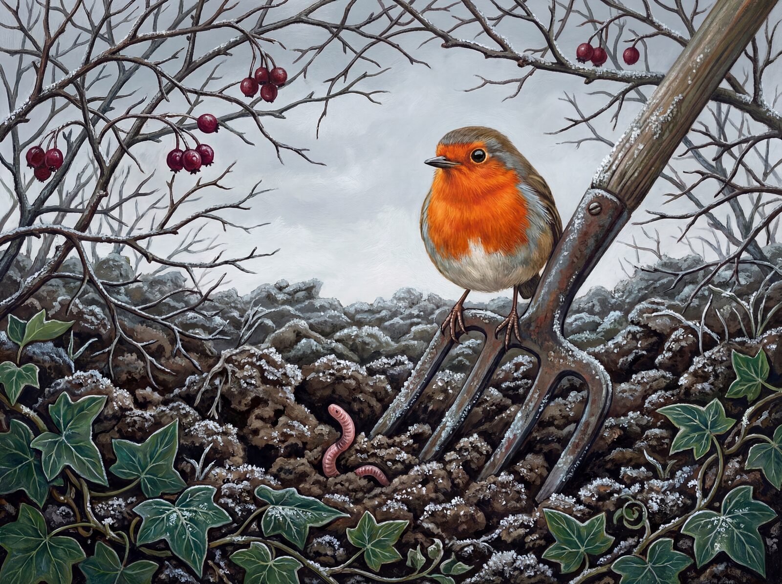 An intimate wildlife study of Britain's favourite bird. Rich forest greens, berry reds, and frost white. Made to order.