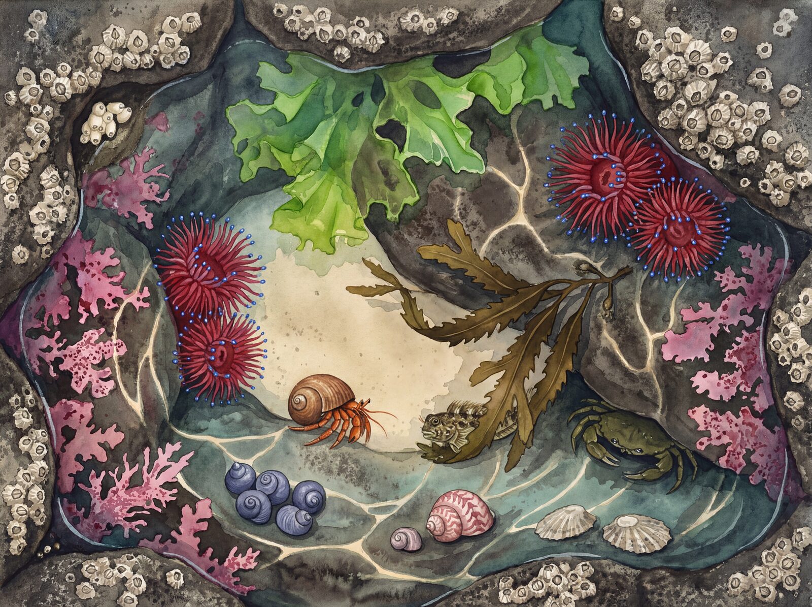 Vibrant rock pool scene with Anemone Red, Sea Lettuce, and Pool Water hues. Made to order.
