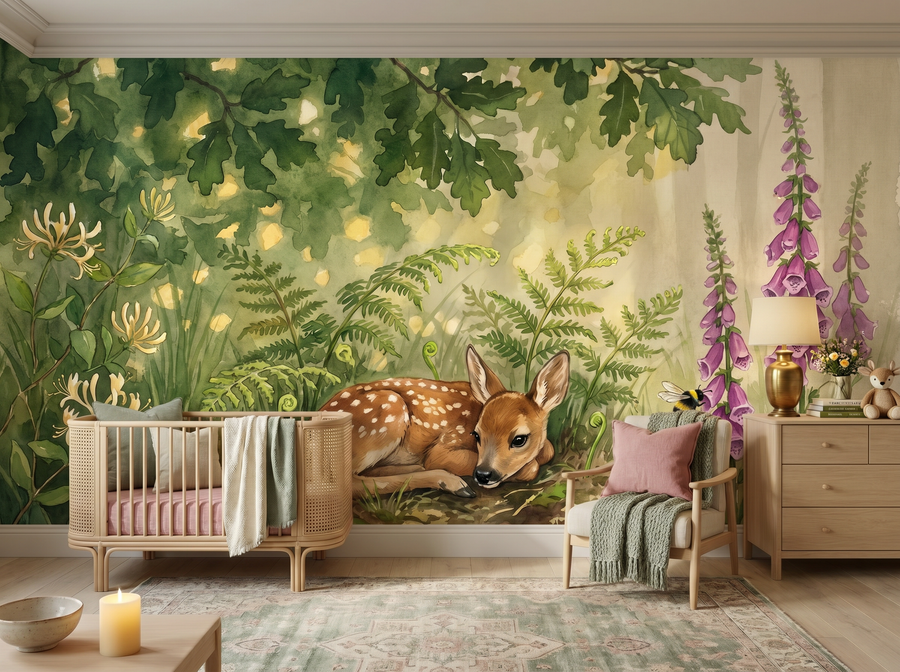 Roe Deer Fawn scenic wallpaper mural on the feature wall of an English-country nursery, in a verdant green palette — The Wall Shawl.