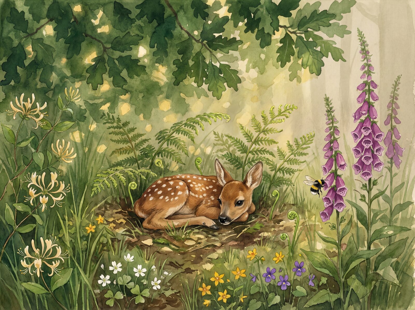 Scenic mural wallpaper featuring a roe deer fawn in a summer woodland glade with Fawn Russet, Bracken Green, and Dappled Gold hues. Made to order.