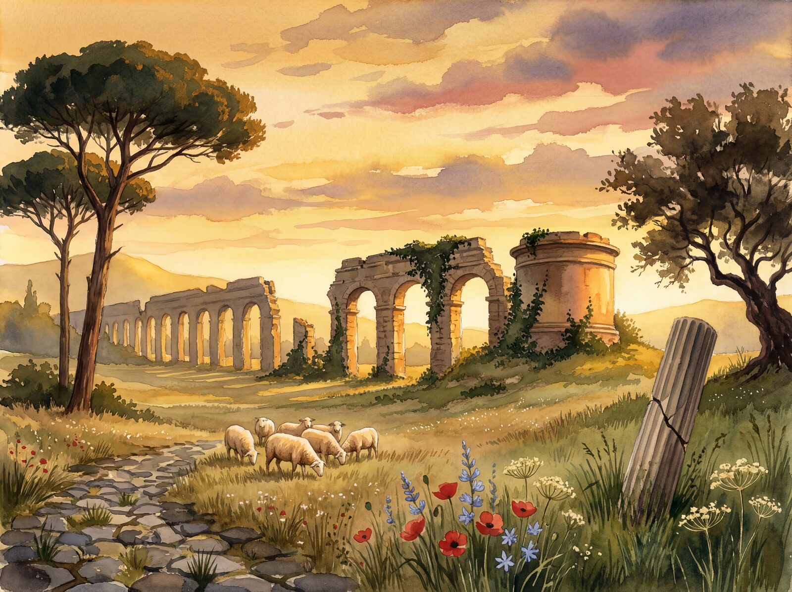 Scenic mural wallpaper in Lorrain Gold, Ruin Warm, and Pastoral Green. Made to order.