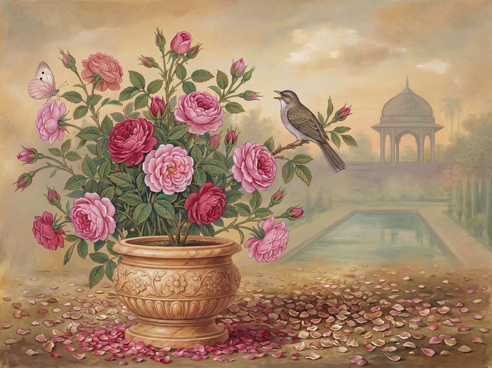Scenic mural wallpaper featuring roses and nightingale in Old Rose, Rose Deep, and Rose Light hues. Made to order.