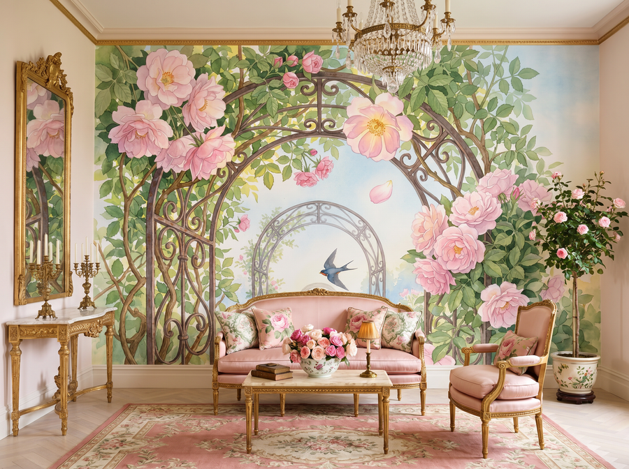 Rose Arch Perspective scenic wallpaper mural on the feature wall of an English-country entrance hall, in a soft pink-and-blush palette — The Wall Shawl.