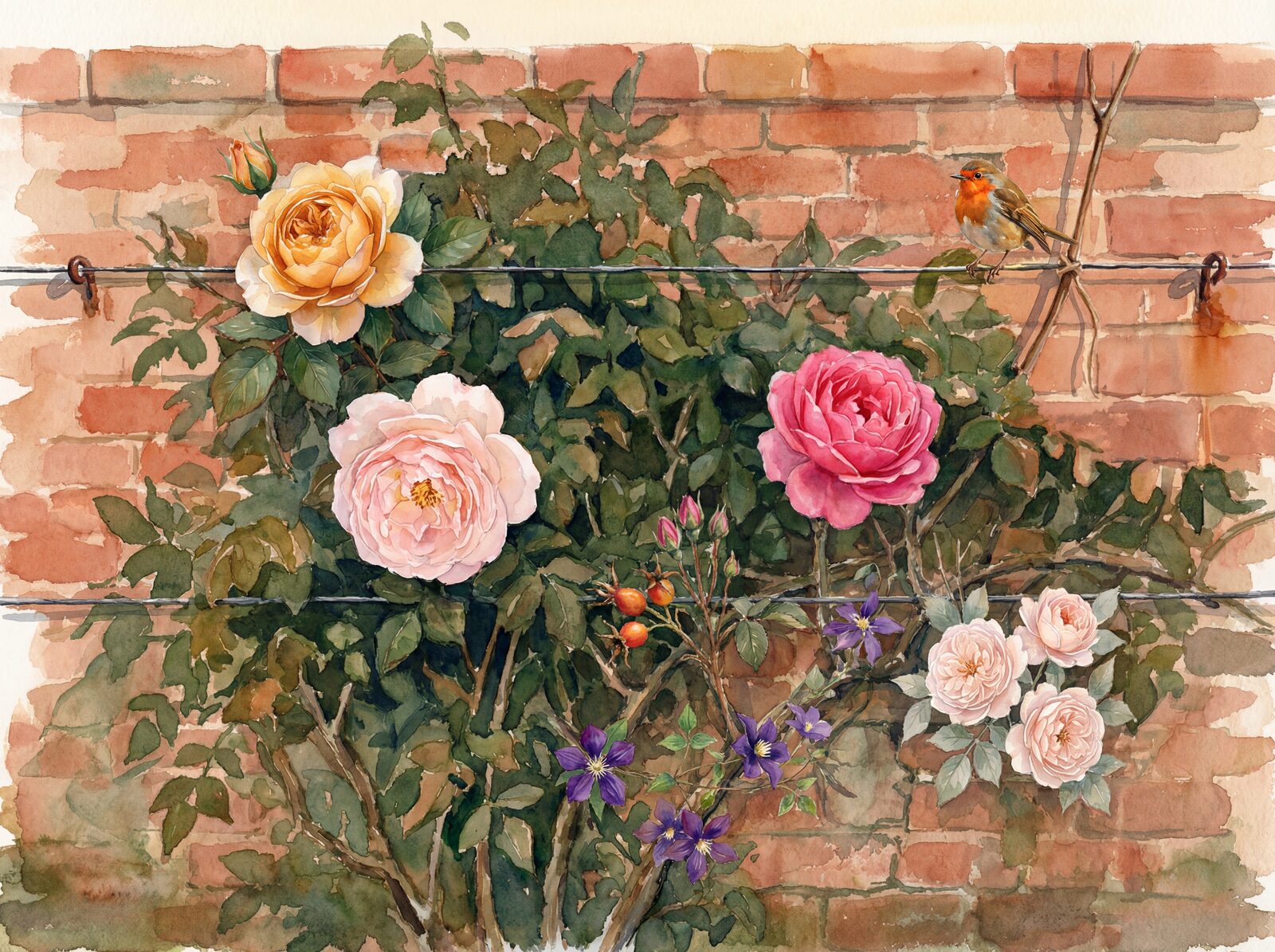 Vibrant rose blooms on aged brick, in shades of Blush Rose, Vivid Rose, and Apricot Gold. Made to order.