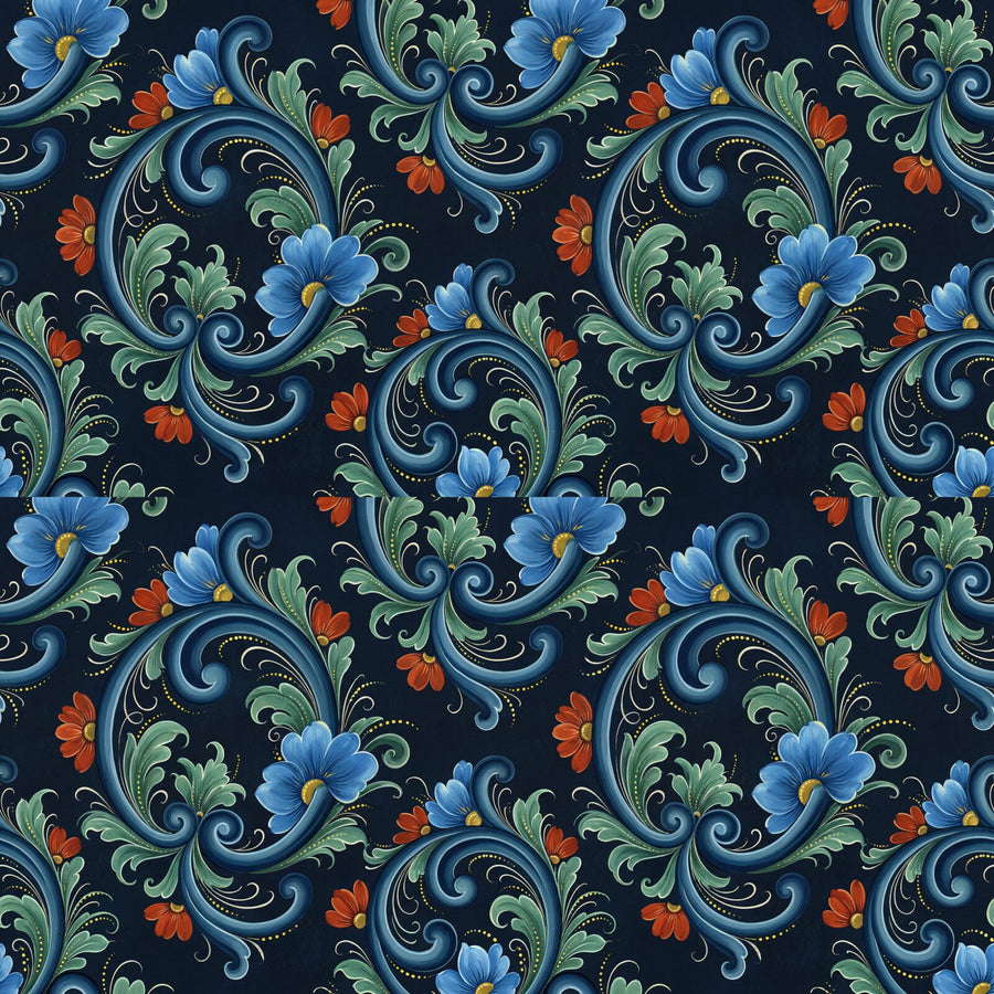 Experience the vibrant folk art of Norway with our Rosemaling Panel mural wallpaper. Featuring blue, red, and green scrolls on a dramatic dark ground. Made to order.