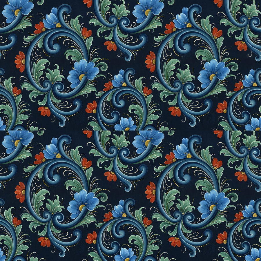 Experience the vibrant folk art of Norway with our Rosemaling Panel mural wallpaper. Featuring blue, red, and green scrolls on a dramatic dark ground. Made to order.