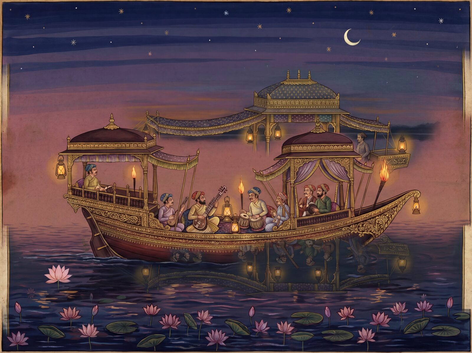 Mughal royal barge at dusk with Dusk Rose, Dusk Violet, and rich red hues. Made to order.