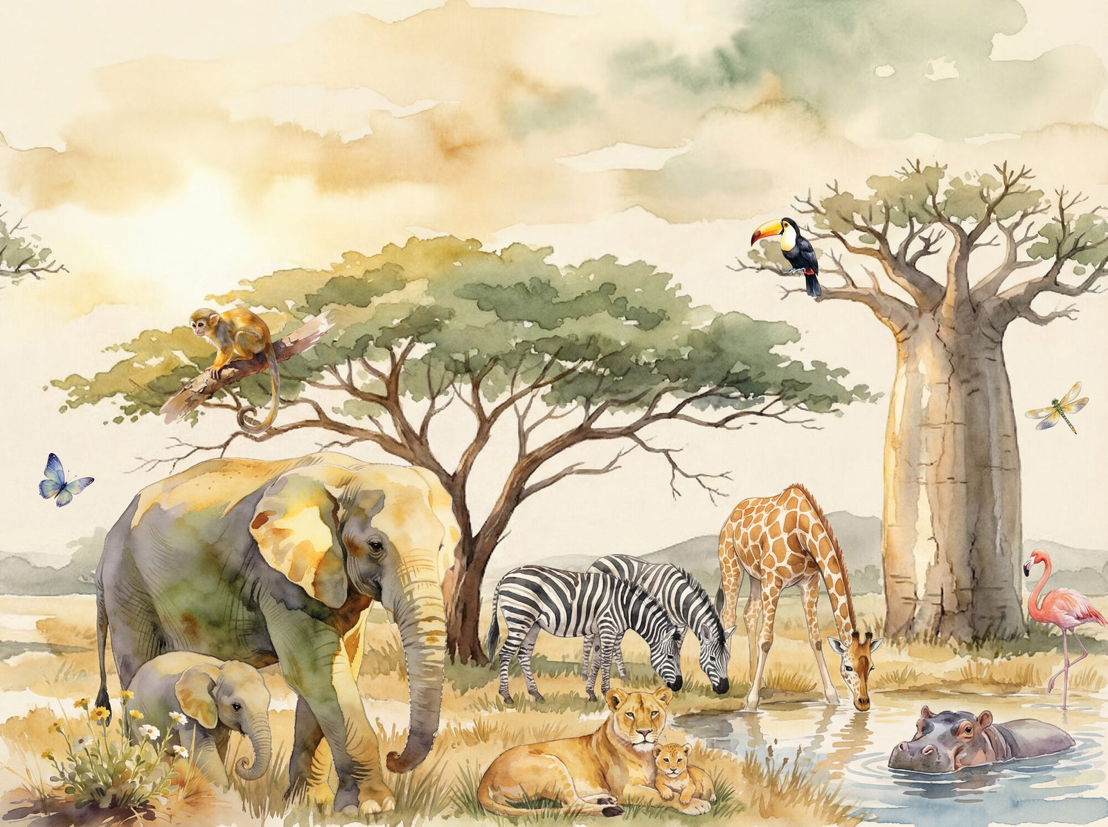 Safari Adventure nursery mural wallpaper — watercolour East African savanna with elephant mother and calf, giraffe drinking, lioness with cub, zebras, flamingo, hippo and toucan at a golden-hour watering hole
