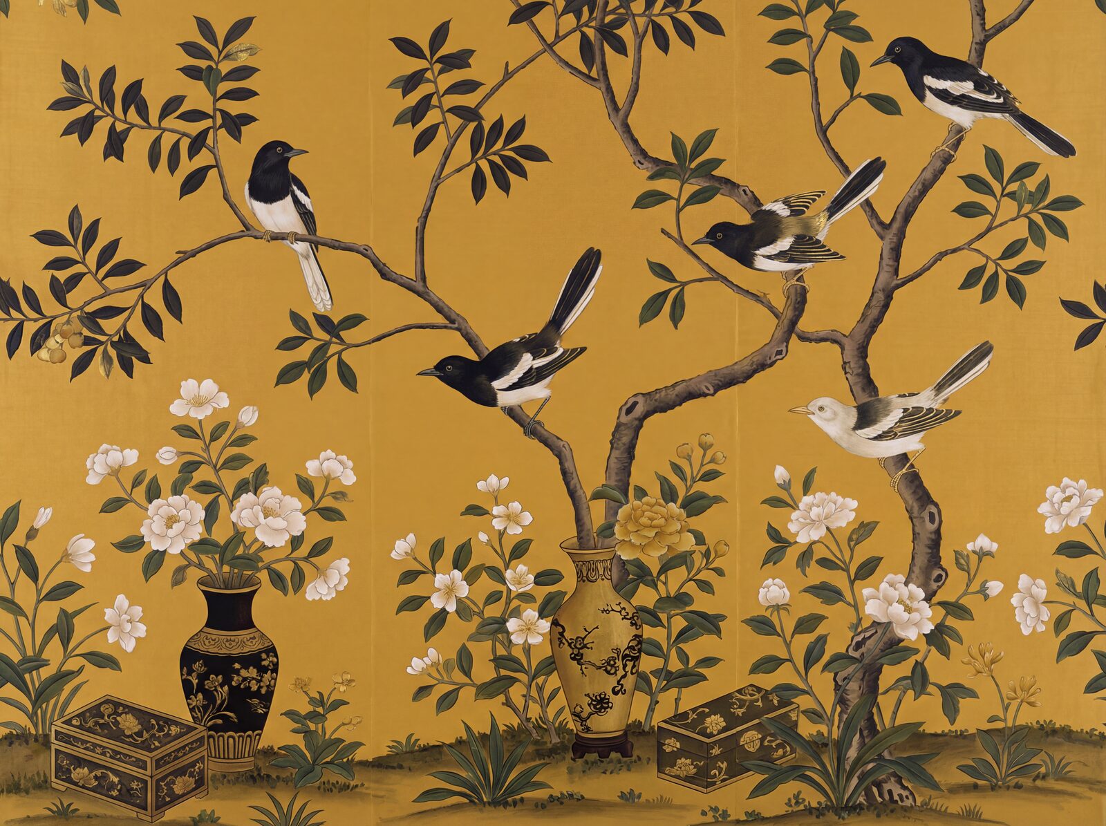Heritage scenic mural with Saffron Silk, Plum Black, and Blossom White. Made to order.