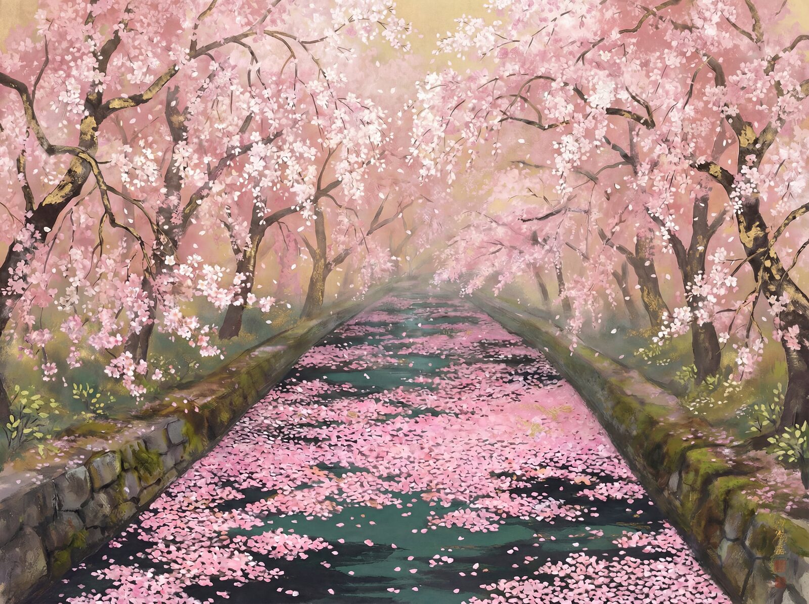 Scenic mural with cherry blossom palette. Made to order.