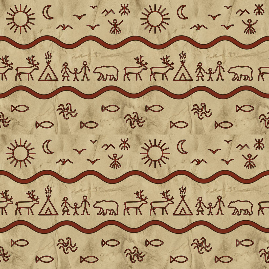 Explore the ancient cosmology of the Sami drum, with a palette of Drum Skin, Alder Bark Red, and Earth Brown. Made to order.