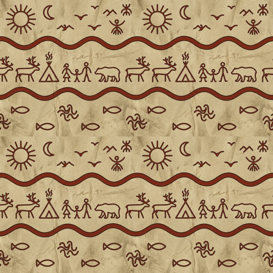Explore the ancient cosmology of the Sami drum, with a palette of Drum Skin, Alder Bark Red, and Earth Brown. Made to order.