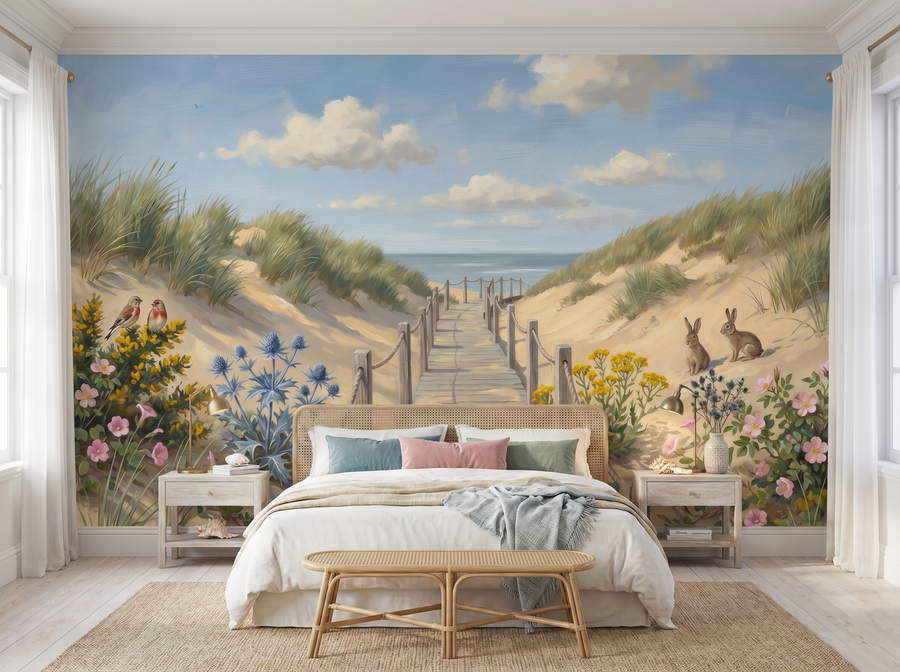 Sand Dunes scenic wallpaper mural on the feature wall of a modern-rustic entrance hall, in a soft grey palette — The Wall Shawl.