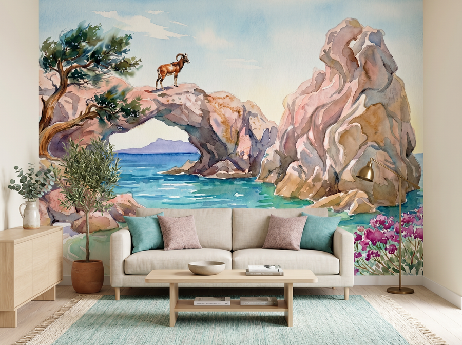 Sardinian Coast scenic wallpaper mural on the feature wall of a Mediterranean bathroom, in a cool blue palette — The Wall Shawl.