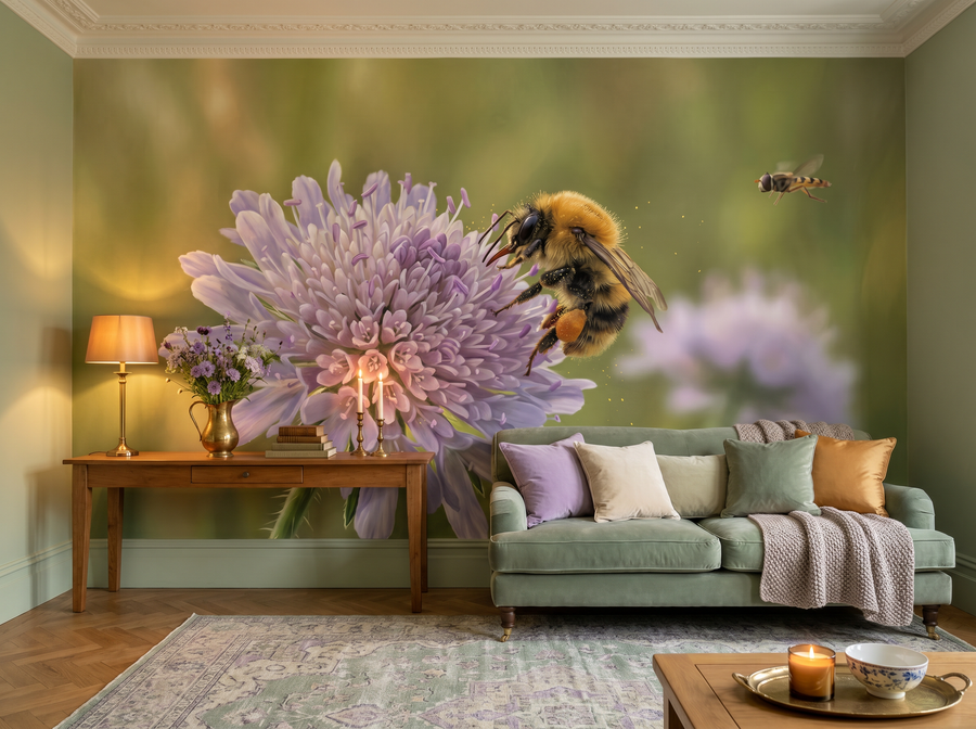 Scabious and Bee scenic wallpaper mural on the feature wall of an English-country study, in a verdant green palette — The Wall Shawl.