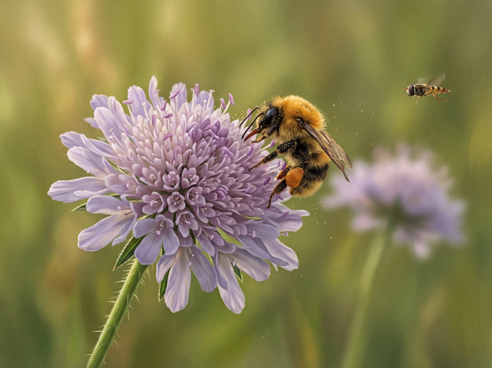 Witness the intimate dance between a buff-tailed bumblebee and a pale mauve scabious bloom. Meadow green, cool mauve, golden amber. Made to order.