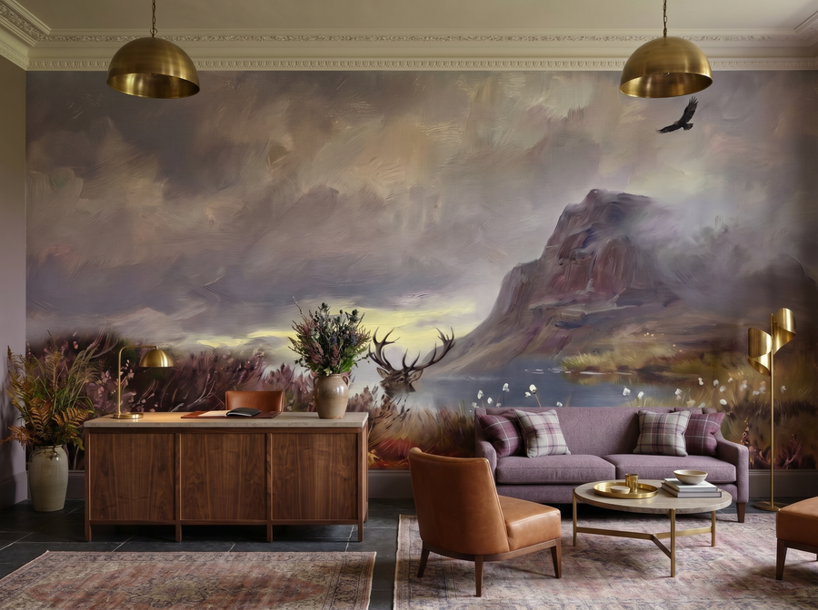 Scottish Munro scenic wallpaper mural on the feature wall of an English-country study, in a soft grey palette — The Wall Shawl.