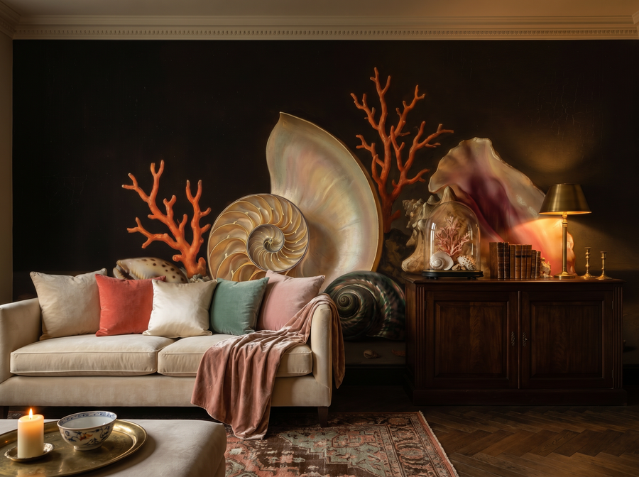 Sea Shell Collection scenic wallpaper mural on the feature wall of a coastal bathroom, in a soft grey palette — The Wall Shawl.