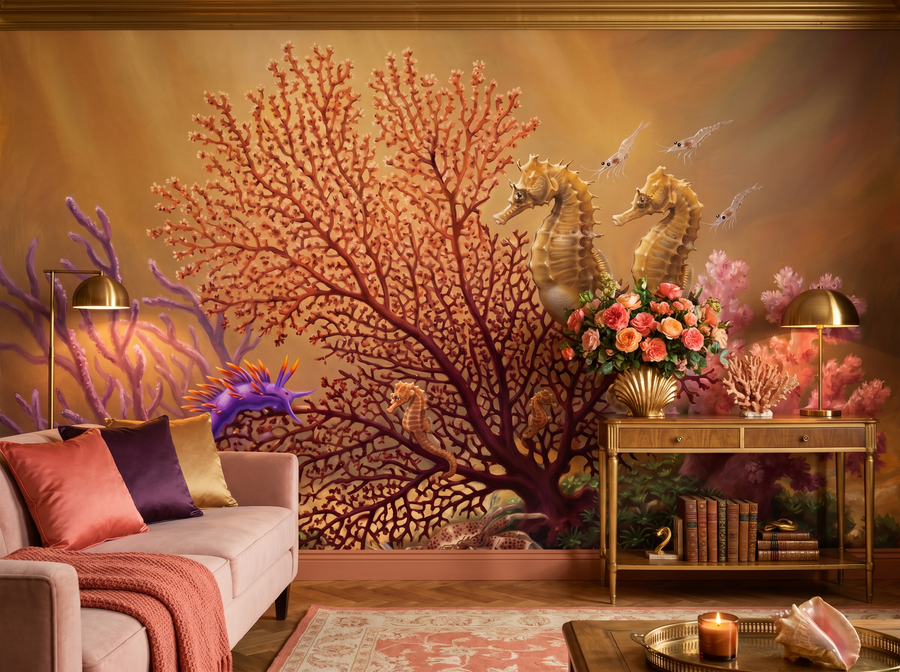 Seahorse Garden scenic wallpaper mural on the feature wall of a coastal bedroom, in a golden yellow-and-ochre palette — The Wall Shawl.
