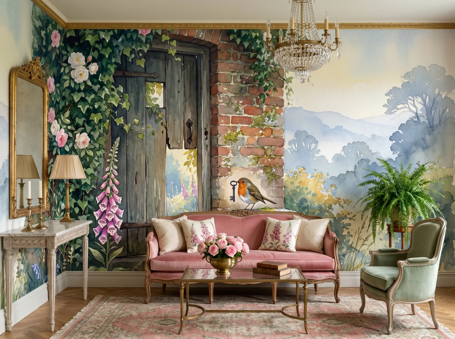 Secret Garden Door scenic wallpaper mural on the feature wall of an English-country bedroom, in a verdant green palette — The Wall Shawl.