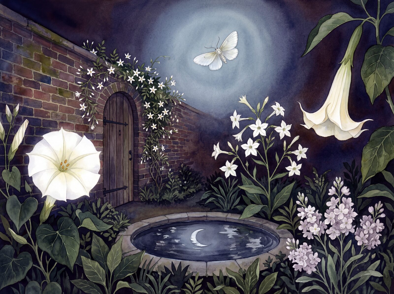 Scenic mural wallpaper in Secret Black, Moonflower White, and Nicotiana Pale. Made to order.