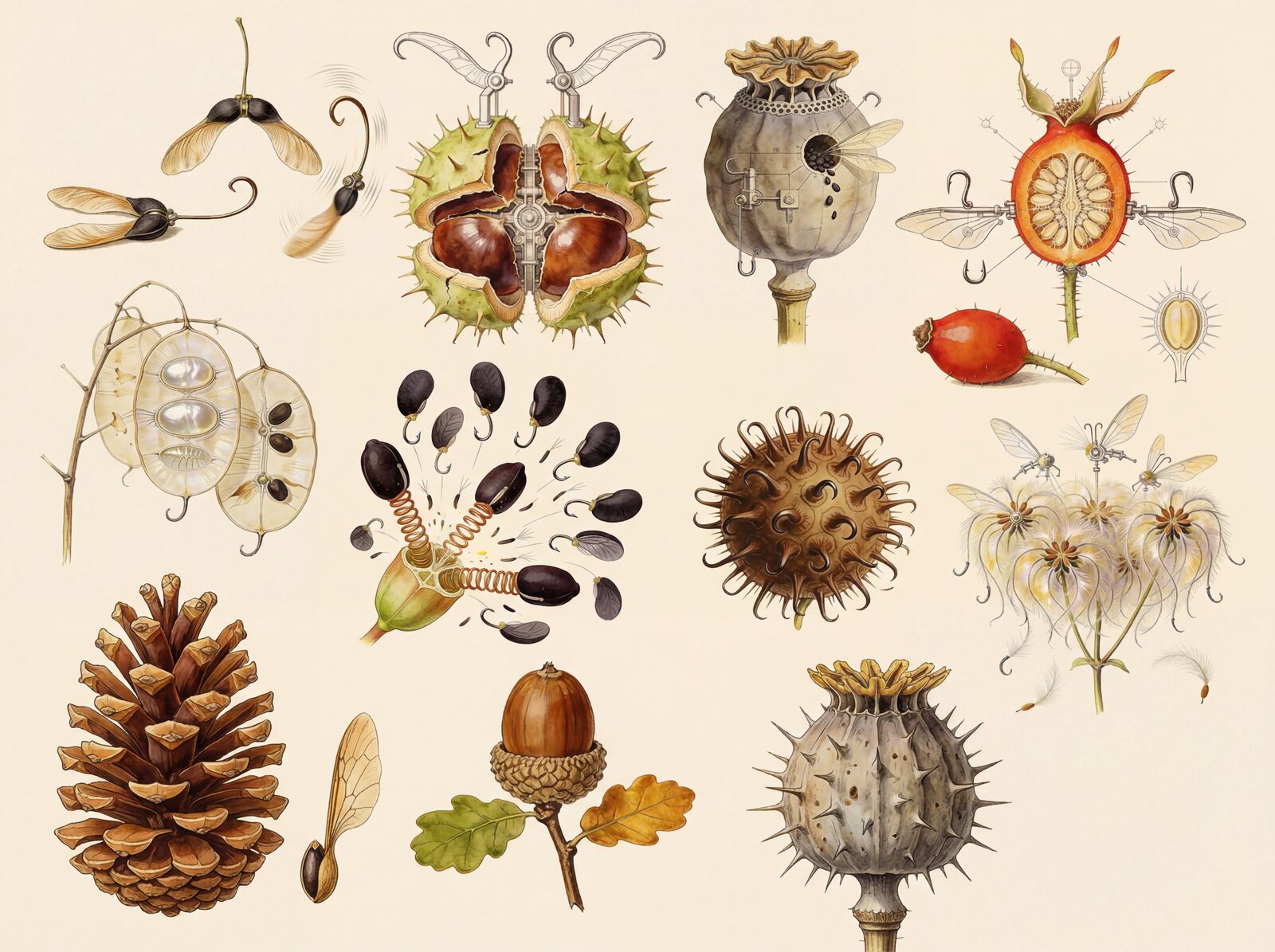 Explore the ingenious engineering of nature's dispersal mechanisms in rich autumnal tones. Made to order.