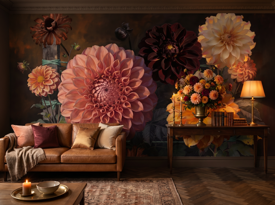 Shadow Dahlia scenic wallpaper mural on the feature wall of an English-country living room, in a moody black-and-charcoal palette — The Wall Shawl.