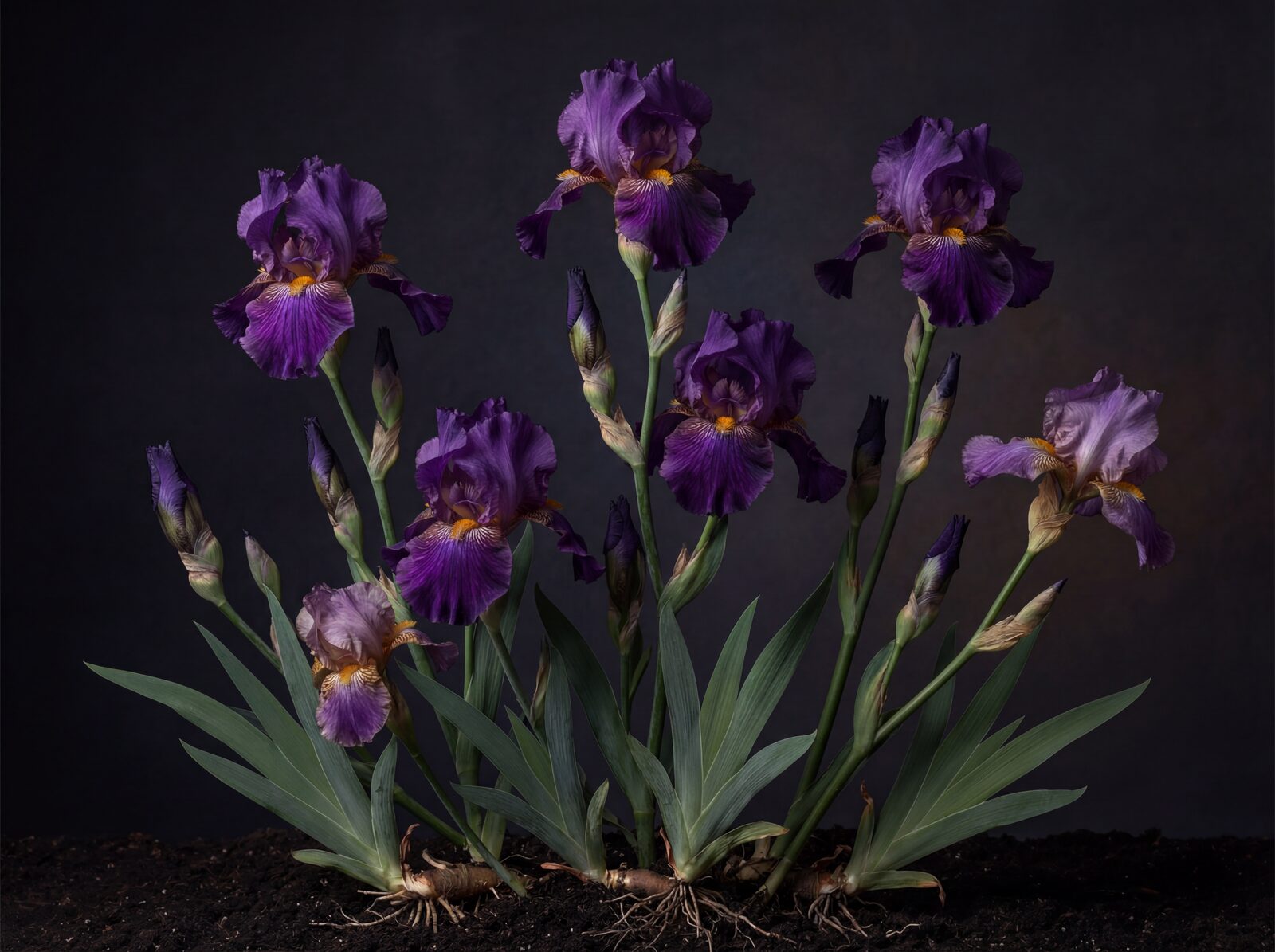 Experience the dramatic beauty of dark purple bearded irises against a deep, theatrical ground. A sumptuous botanical study. Made to order.