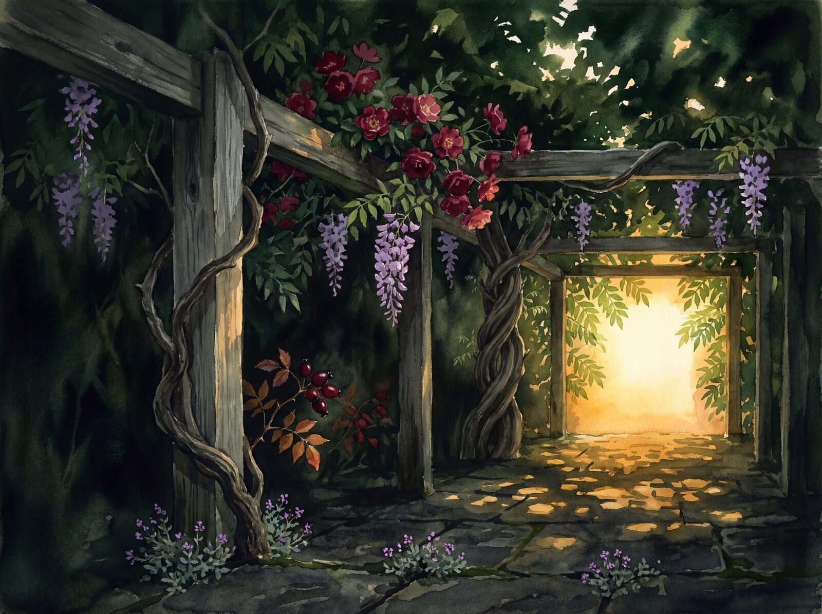 Mural wallpaper featuring a serene English garden scene with shades of green, grey, and crimson. Made to order.