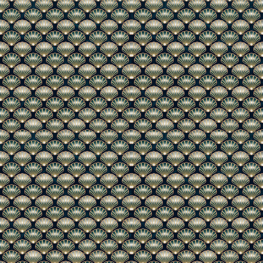 Scenic mural wallpaper in Deep Ocean, Shell Gold, and Pearl. Made to order.