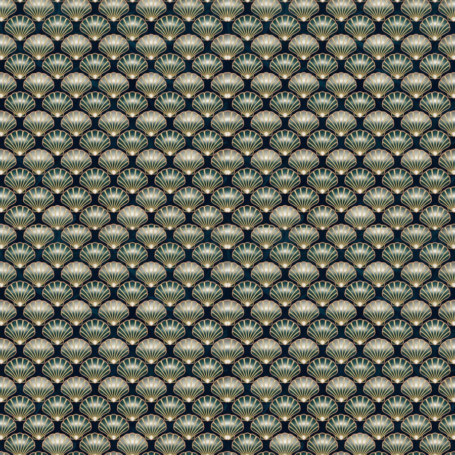 Scenic mural wallpaper in Deep Ocean, Shell Gold, and Pearl. Made to order.