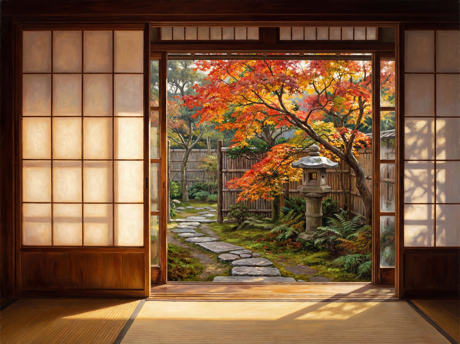 Experience the tranquil beauty of a Japanese garden through a shoji screen. Featuring a palette of Shoji Glow, Garden Green, and Maple Red. Made to order.