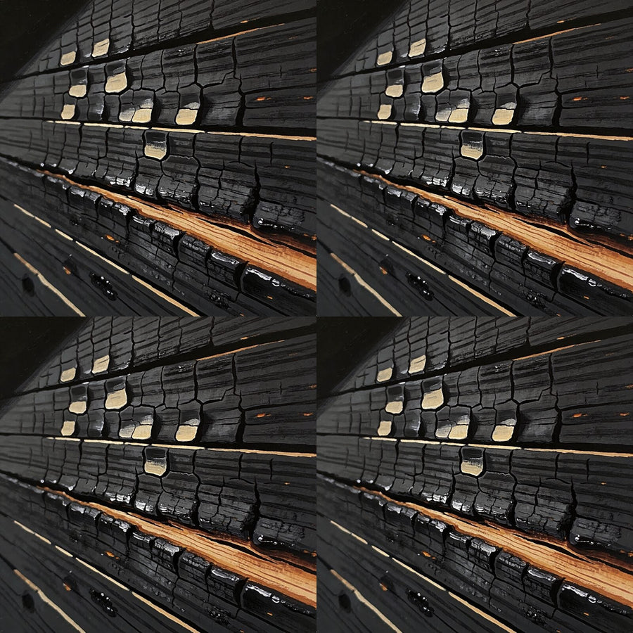 Experience the profound calm of yakisugi with this charred wood effect mural. Deep carbon blacks and rich textures. Made to order.