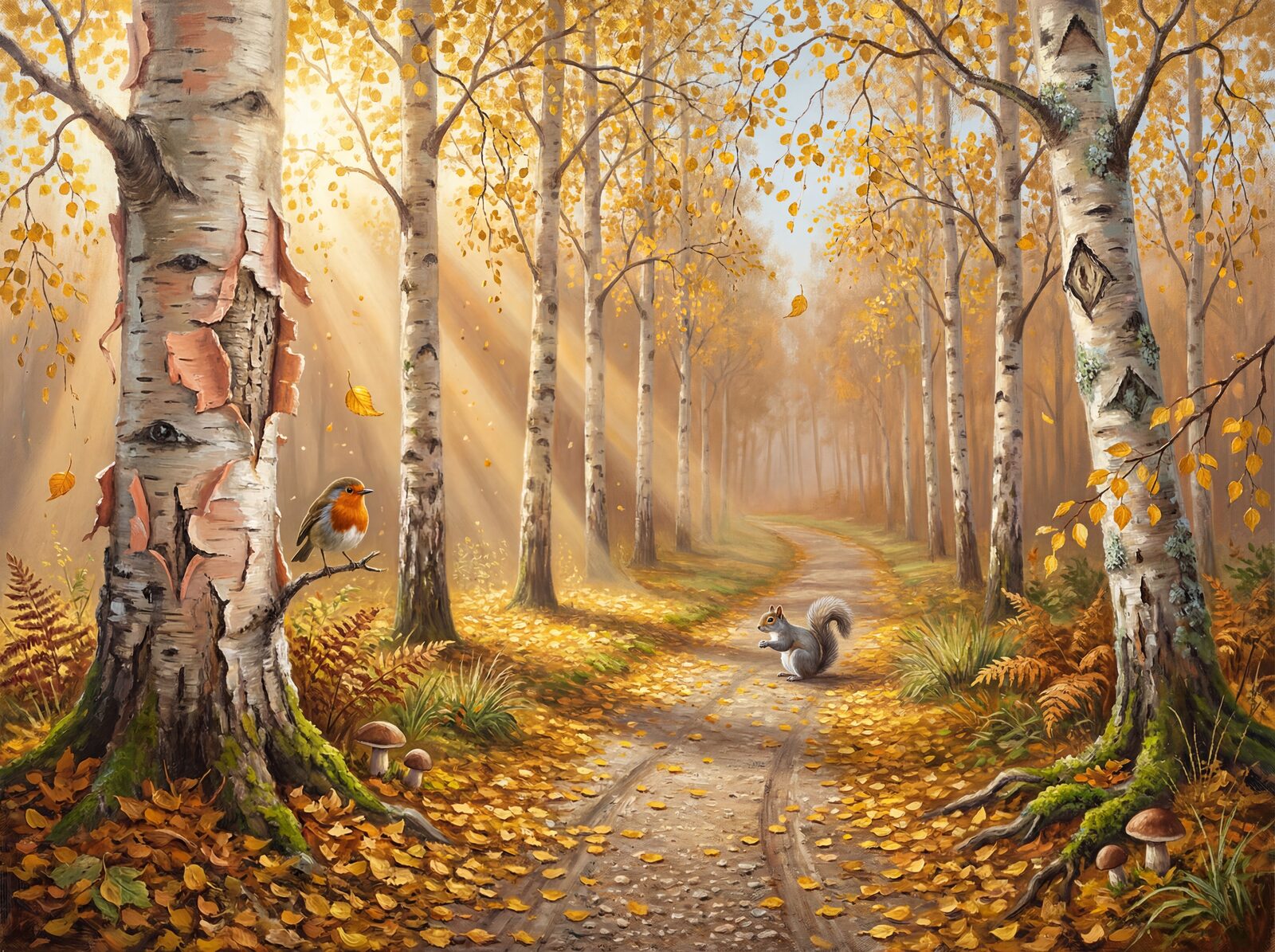 Immersive scenic mural with Birch Bark White, Leaf Gold, and October Light. Made to order.
