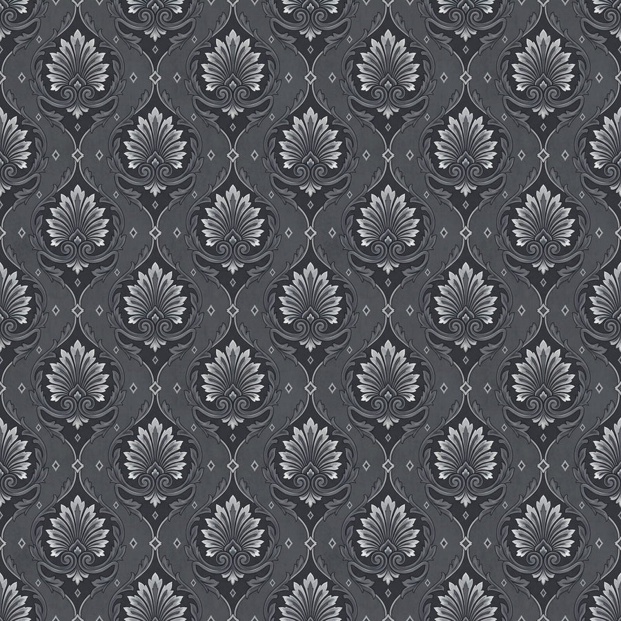 Experience the cool authority of our Silver on Charcoal damask mural. A palette of storm cloud, tarnished, bright, and gunmetal silvers. Made to order.