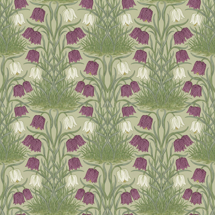Experience the quiet beauty of Morris's Snakeshead Fritillary design. Soft sage ground, purple and white fritillaries, intricate chequer patterns. Made to order.