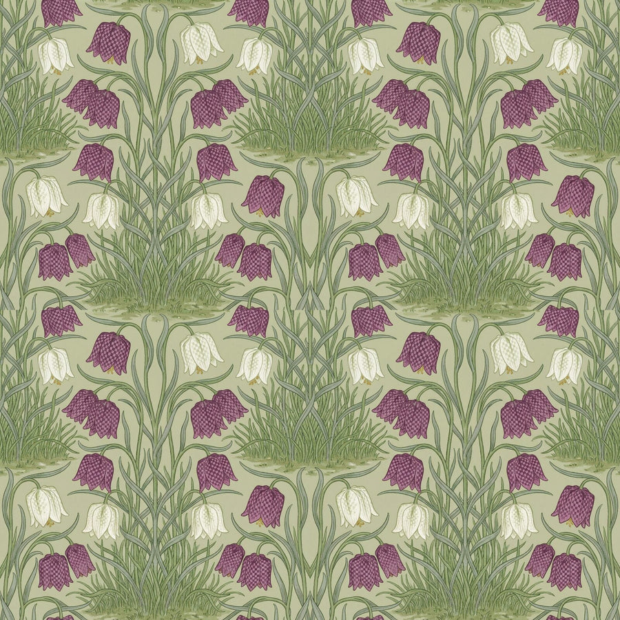 Experience the quiet beauty of Morris's Snakeshead Fritillary design. Soft sage ground, purple and white fritillaries, intricate chequer patterns. Made to order.