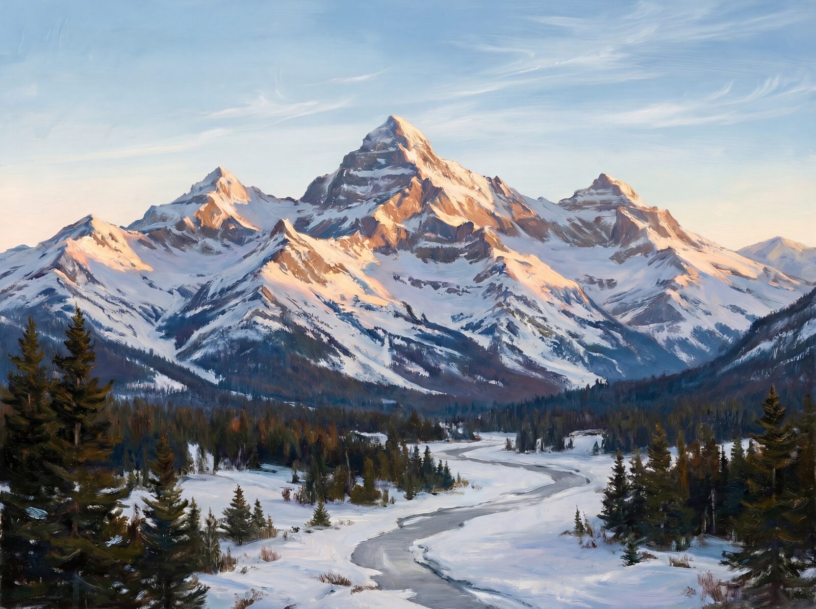 Majestic scenic mural with Snow Sunlit, Snow Shadow, and Summit Crystal hues. Made to order.