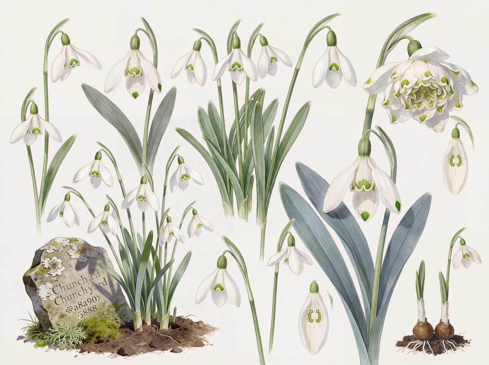 Immerse yourself in the quiet hope of February with our Snowdrop Study mural. Featuring whites, greens, and earthy browns. Made to order.