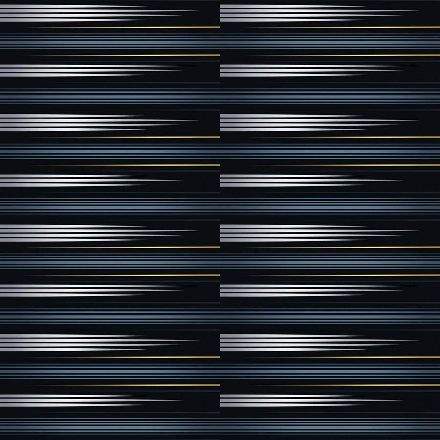 Streamlined velocity mural with black, silver, gold, and blue palette. Made to order.