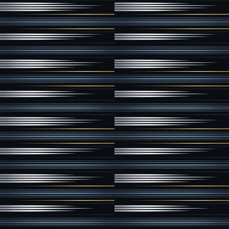 Streamlined velocity mural with black, silver, gold, and blue palette. Made to order.