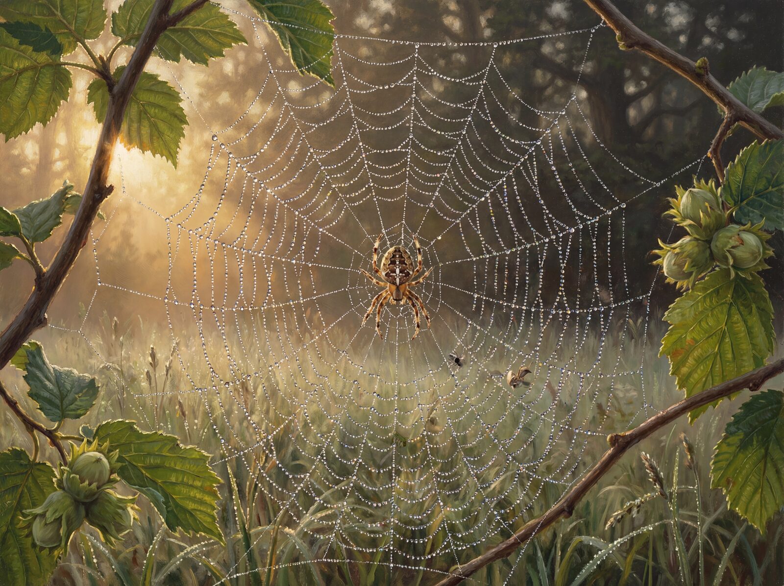 Experience the quiet awe of a spider's silken architecture at dawn. Featuring Thread Silver, Dew Bright, Hazel Green. Made to order.