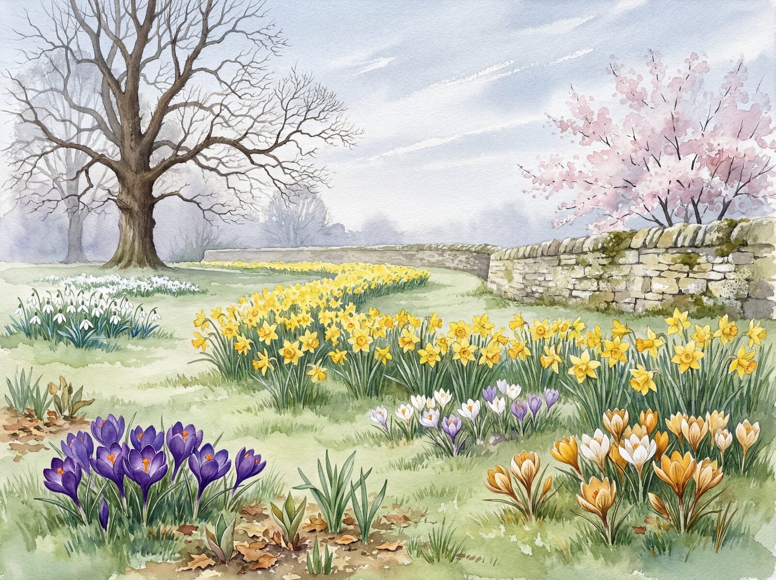 Scenic mural wallpaper featuring daffodils, crocuses, and snowdrops in a soft palette. Made to order.