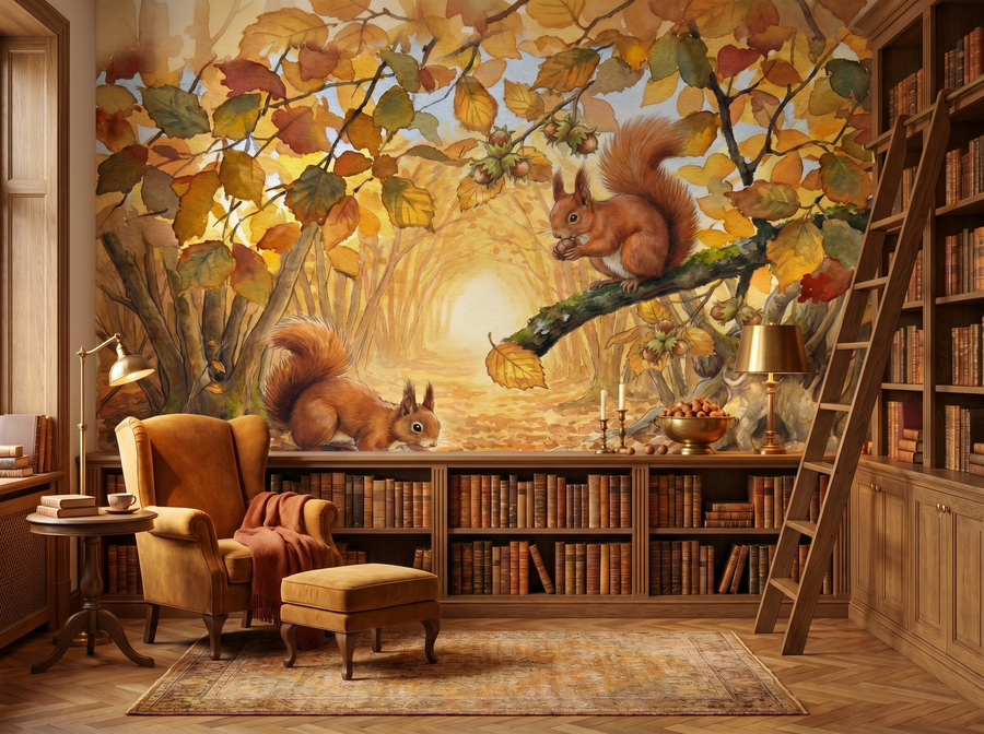 Squirrel's Cache scenic wallpaper mural on the feature wall of an English-country dining room, in a soft grey palette — The Wall Shawl.