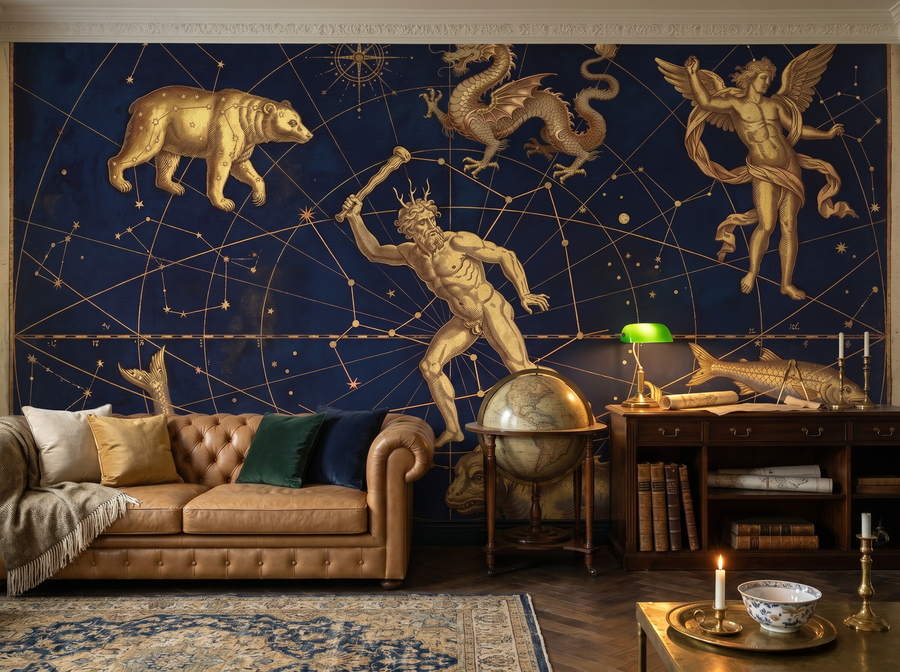 Star Map Ancient scenic wallpaper mural on the feature wall of a maximalist living room, in a moody black-and-charcoal palette — The Wall Shawl.