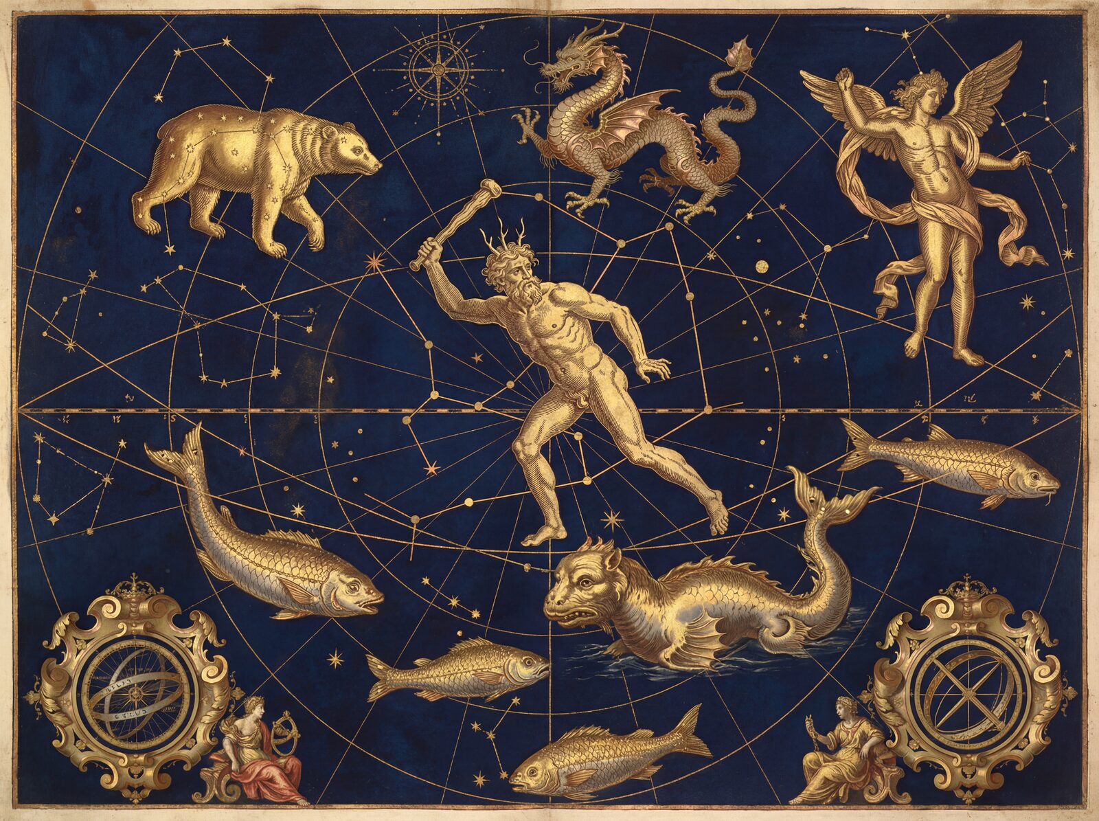 Unfurl a 17th-century celestial atlas in rich indigo, gold, and umber tones. Made to order for your exact wall dimensions.