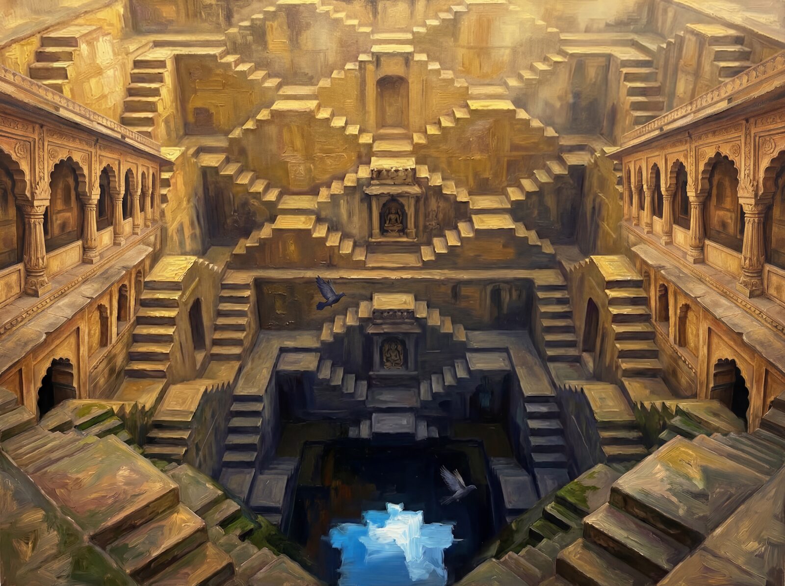 Heritage scenic mural with golden sandstone, amber shadows, and ancient green-black water. Made to order.